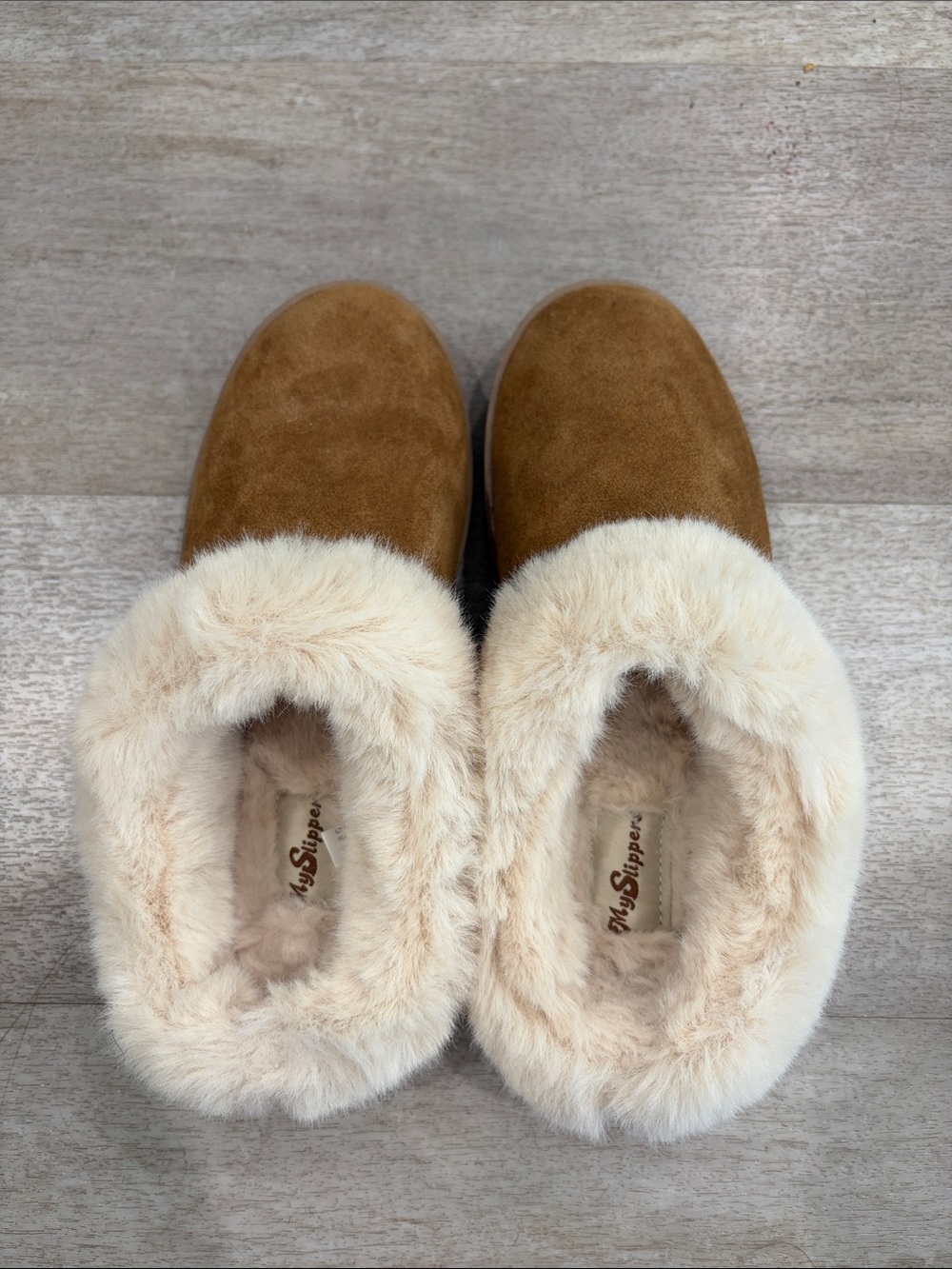 Brown suede faux fur women’s slippers